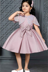 Onion Pink Bow Embellished Party Wear Frock With Sequins Work Overcoat For Girls