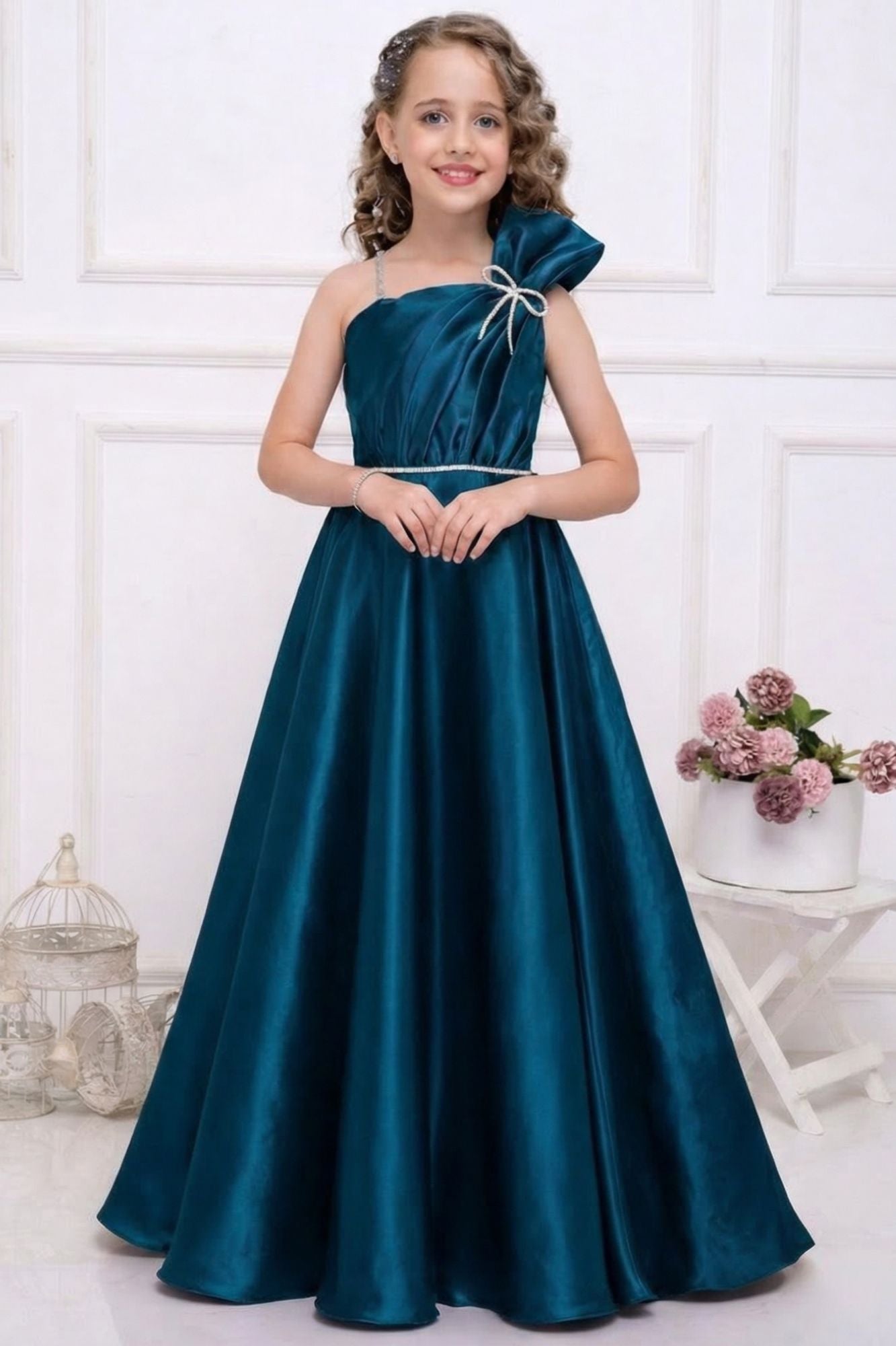 Teal Blue One-Shoulder Embellished Party Gown For Girls