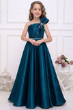 Teal Blue One-Shoulder Embellished Party Gown For Girls