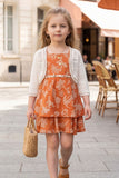 Girls Rust Orange Printed Frock with Crochet Shrug