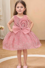 Peach Frock With Bow Embellished And Shimmer Printed For Girls