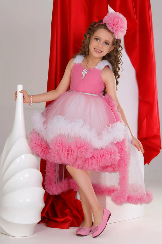 Pink Ruffle Party Frock With Stone Embellished And High-Low Hem For Girls