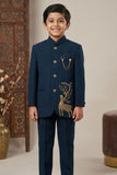 Designer Teal Jodhpuri Suit Set With Royal Deer Motif For Boys