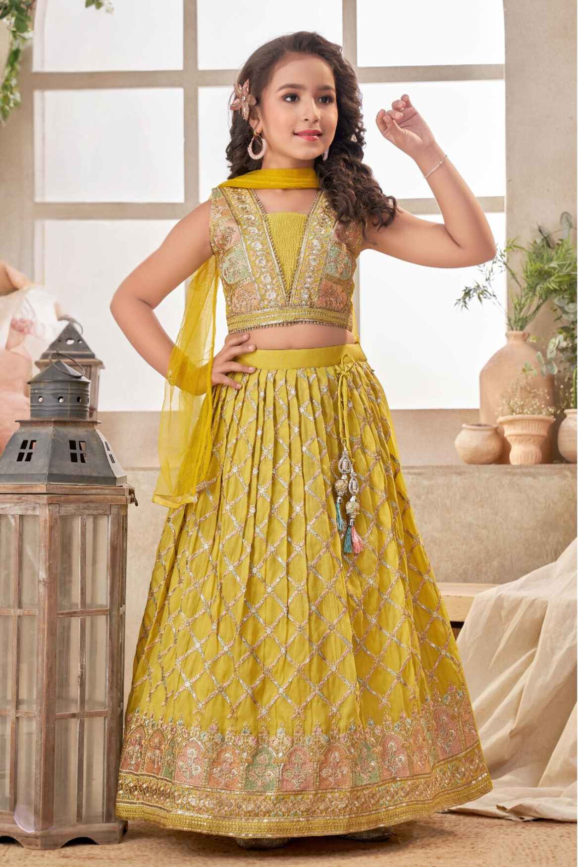 Mustard Embroidered And Sequin Work Lehenga Choli For Girls