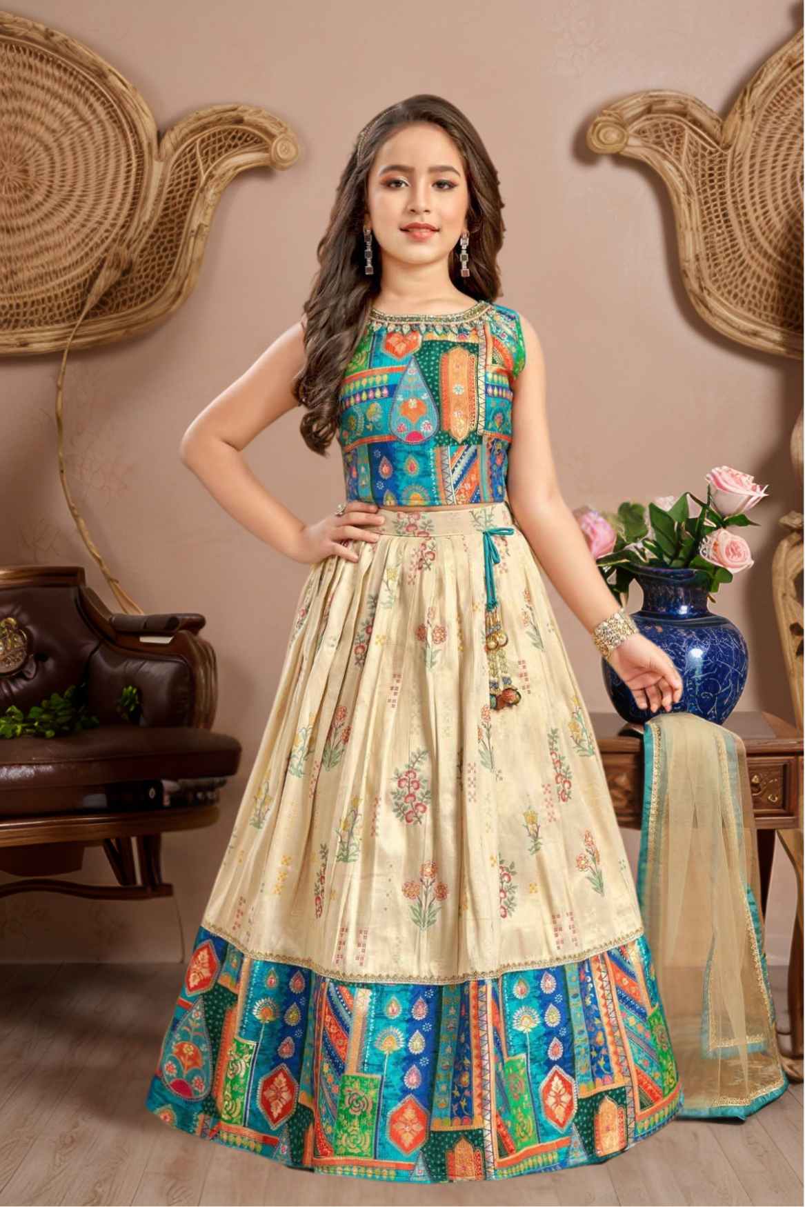 Multicolor Banarasi Silk Pattu Pavadai With Stone Work For Girls