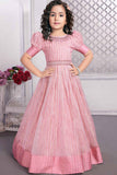 Pink Silk Sequins Gown With Puff Sleeves For Girls