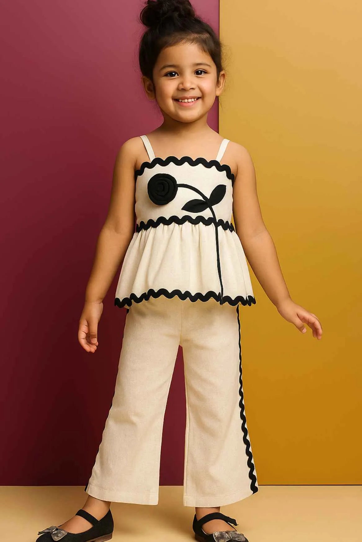 Cream Sleeveless With Black Flower Embellished Top And Co-Ord For Girls