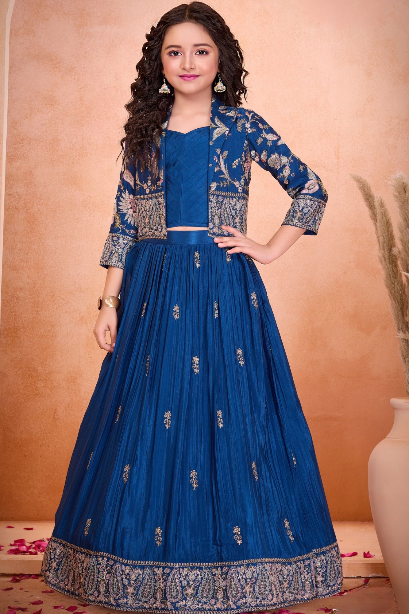Royal Blue Lehenga Set With Embroidered Jacket For Girls