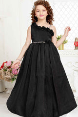 Black Gown With Floral Embellished And Stone Waist Band For Girls