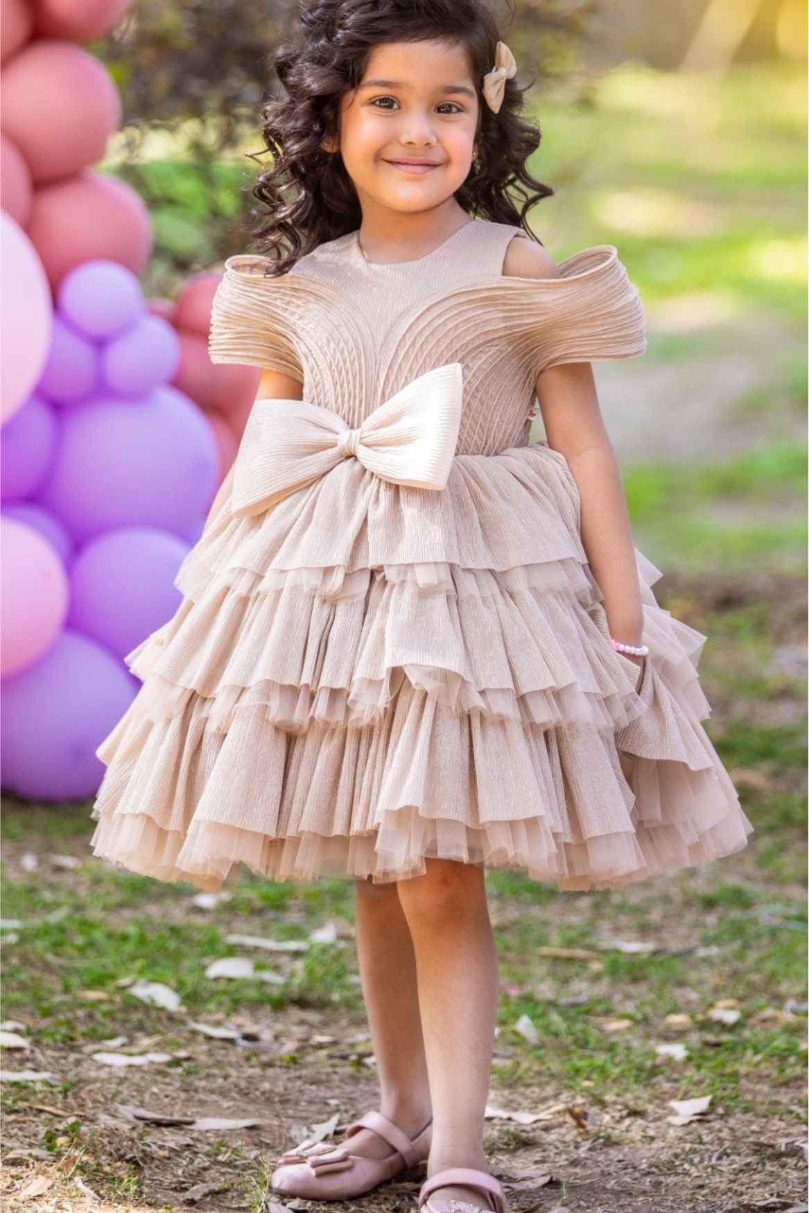 Fawn Bow Embellished Party Wear Frock For Girls