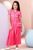 Girls Pink Embroidered Co-Ord Set with Collared Crop Top And Wide-Leg Pants