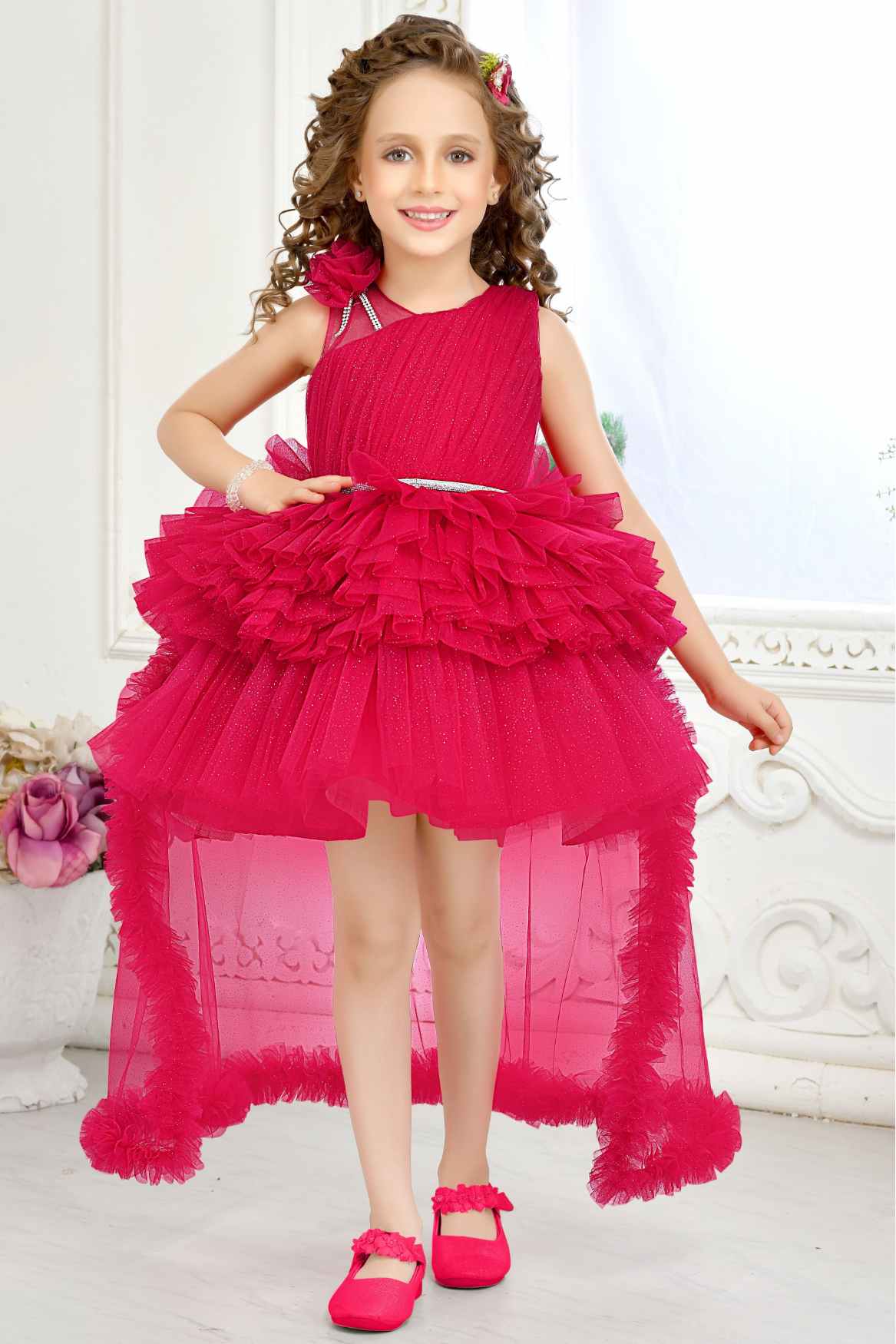Bold Rani Pink Layered High-Low Partywear Frock For Girls