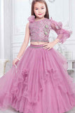 Pink Sequin Ghagra-Choli Set With Floral Embellishments For Girl