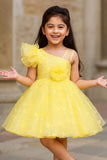 Yellow One-Shoulder Sequins Embroidered Party Frock with Floral Accent For Girls