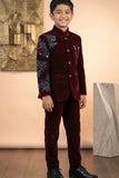 Maroon Velvet Jodhpuri Suit with Embroidered Sleeve Details For Boys