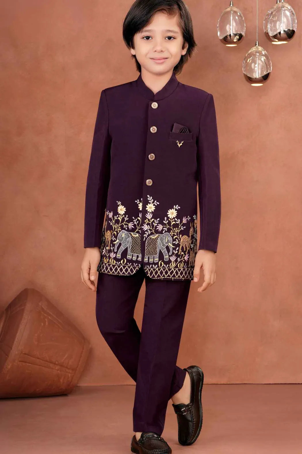 Royal Maroon Jhodhpuri Suit With Zari Embroidery For Boys