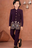 Royal Maroon Jhodhpuri Suit With Zari Embroidery For Boys