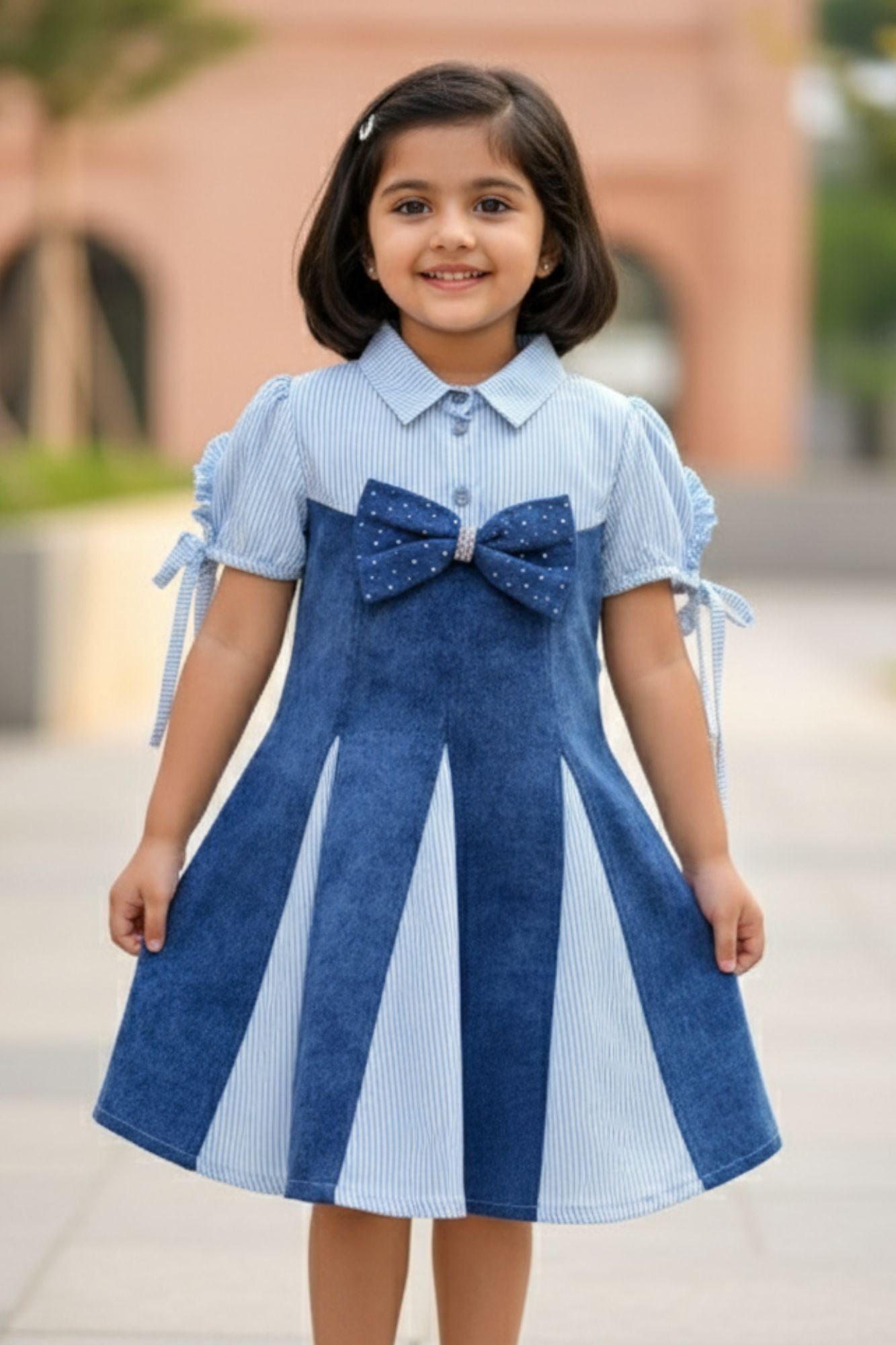 Blue & White Striped Denim Dress with Statement Bow For Girls