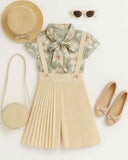 Fawn Floral Printed Shirt With Pleated Jumpsuit Set For Girls