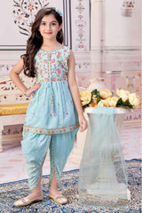 Blue Sleeveless With Sequins Embroidered Dhoti Set For Girls