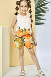 Cream Top And Citrus Fruit Print Shorts Summer Set For Girls