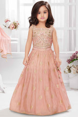 Peach Embroidered And Mirror Work Lehenga Choli Set For Girls