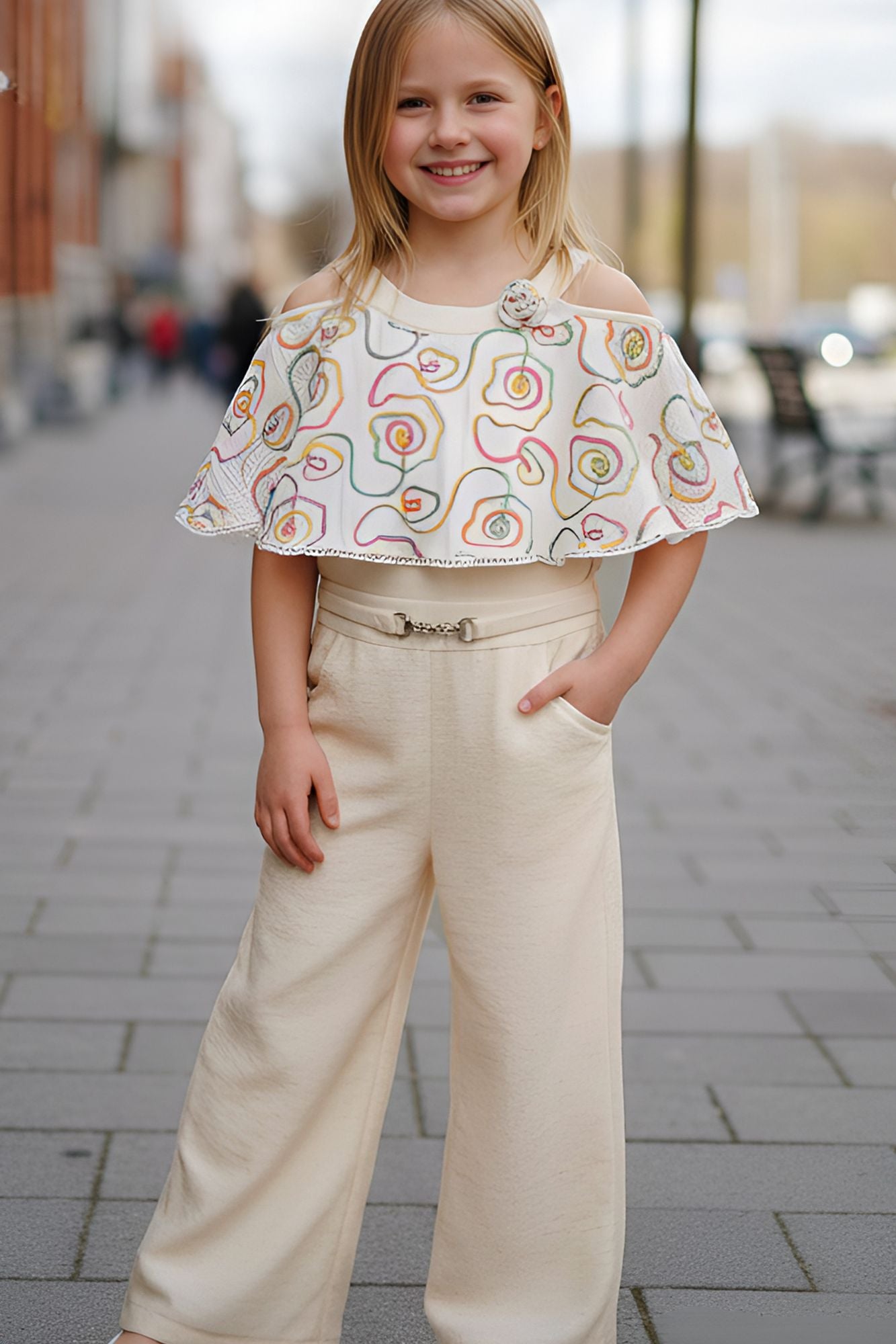 Cream Cold-Shoulder Cape Top And Pant Co-ord Set For Girls