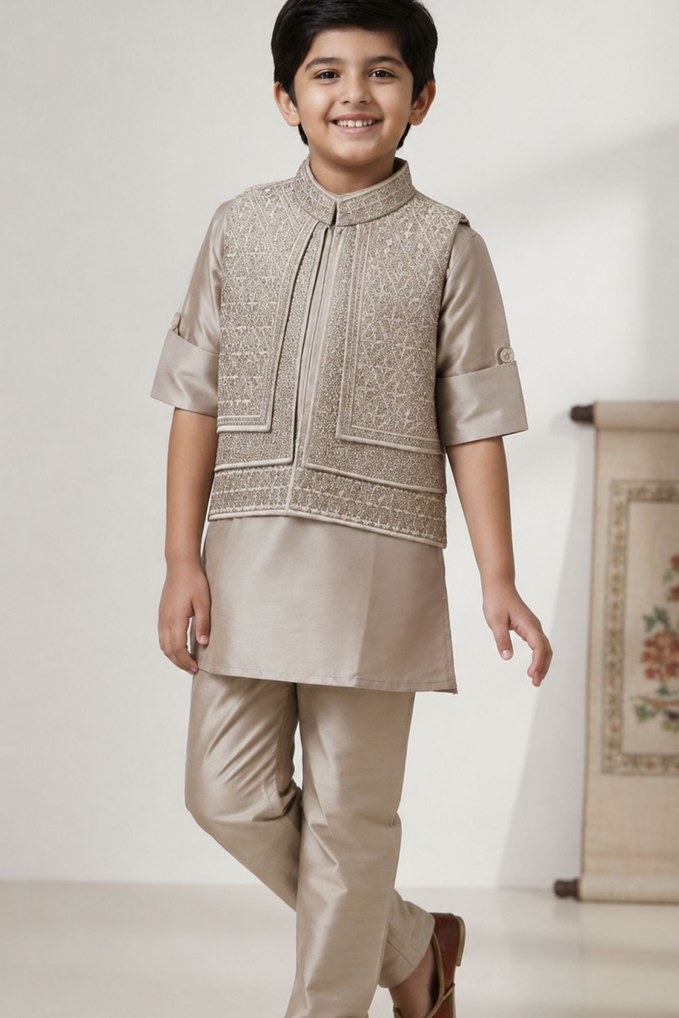 Fawn Embroidered Kurta Pajama Set with Ethnic Jacket for Boys