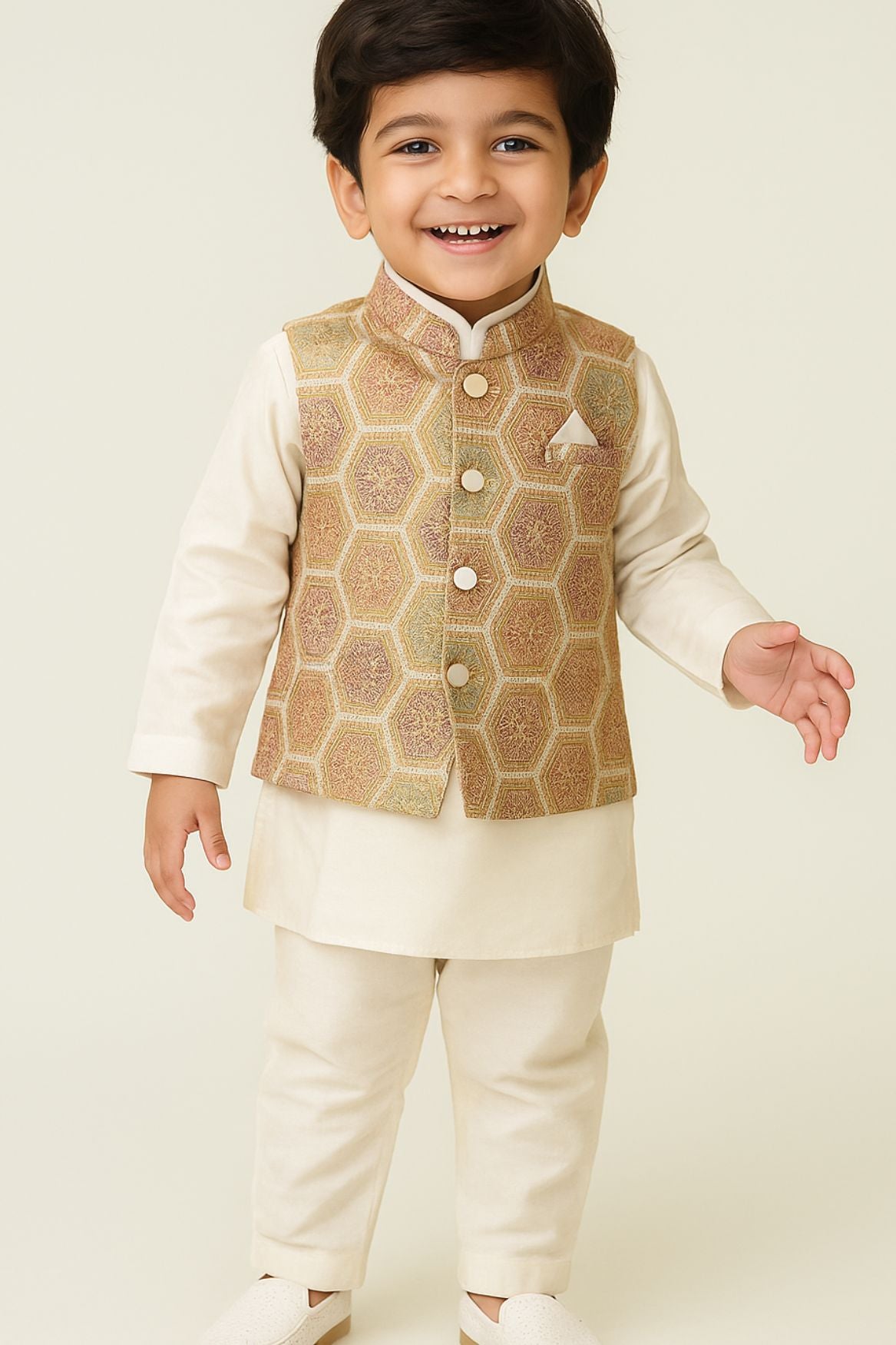 Cream Kurta Set With Hexagonal Brocade Waist Coat For Boys