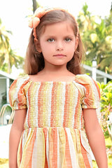 Mustard Smocked Frock With Floral Embroidered For Girls