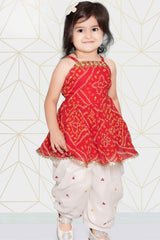 Red Bandhani Printed Top With Dhoti Set For Girls