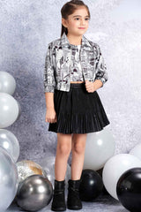 White Printed Top And Overcoat With Black Skirt For Girls