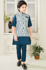 Teal Blue Kurta With White Sequin Embroidery Work Bandi Set For Boys