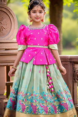 Pink And Green Puff Sleeves With Mirror Embroidery Work Pattu Pavadai Set For Girls