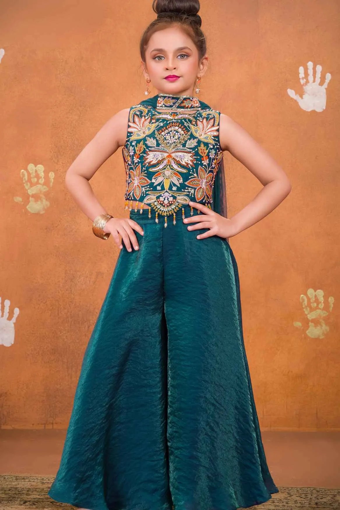 Teal Embroidered Palazzo Set For Girls
