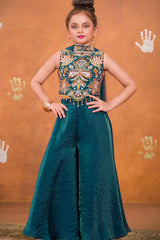 Teal Embroidered Palazzo Set For Girls