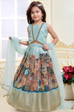 Aqua Blue with Multicolor Folk Print Lehenga Choli for Girls
