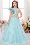 Ice Blue Sequin Lehenga Choli With Ruffle For Girls
