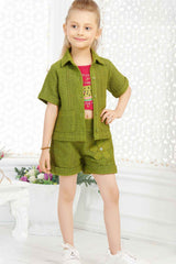 Western Olive Green Crochet Shirt And Shorts With Printed T Shirt Set For Girls