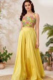 Yellow Embroidered Floral Crop Top with Flowing Palazzo For Girls