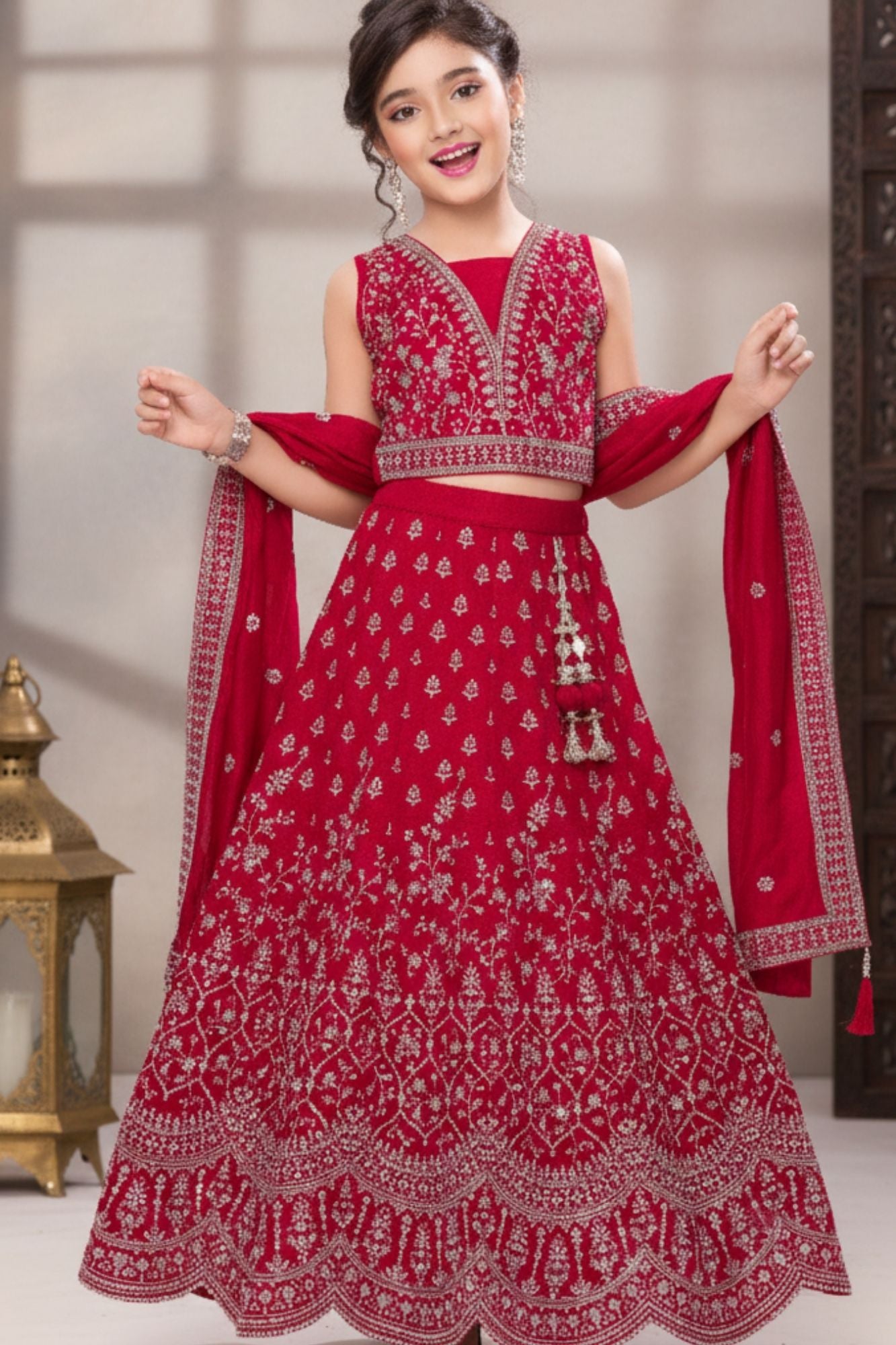 Rani Pink Embroidered Lehenga Choli Set with Dupatta For Girls