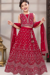 Rani Pink Embroidered Lehenga Choli Set with Dupatta For Girls