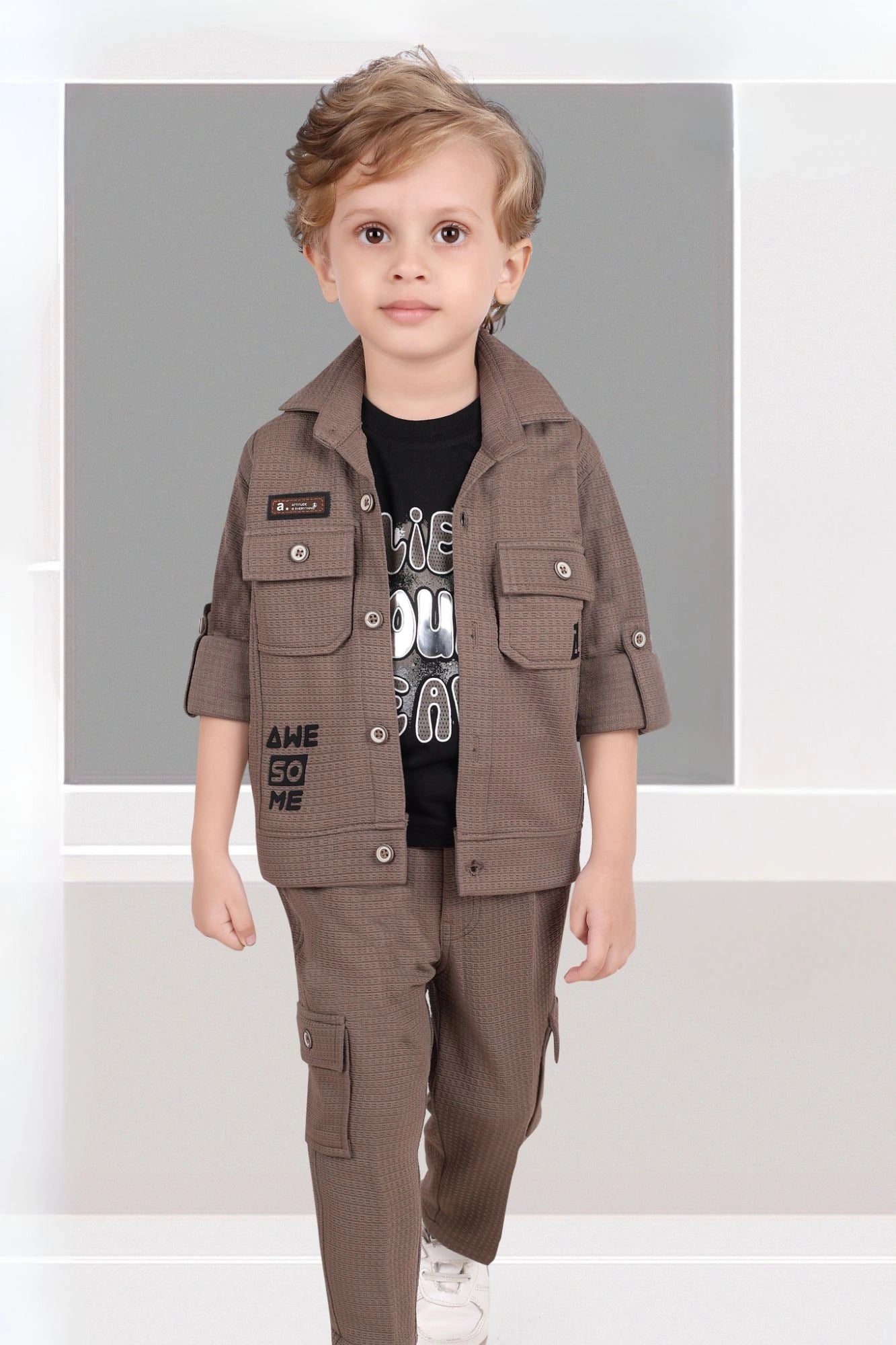 Brown And Black 3-Piece Utility Style Set with Cargo Pants For Boys