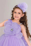 Purple High-Low Party Frock With 3D Floral Appliqué For Girls