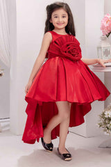 Red Embellished With Floral And Tail Back Frock For Girls