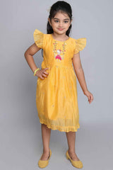 Mustard Frill Sleeves Chanderi Silk Frock With Zari Embroidery For Girls