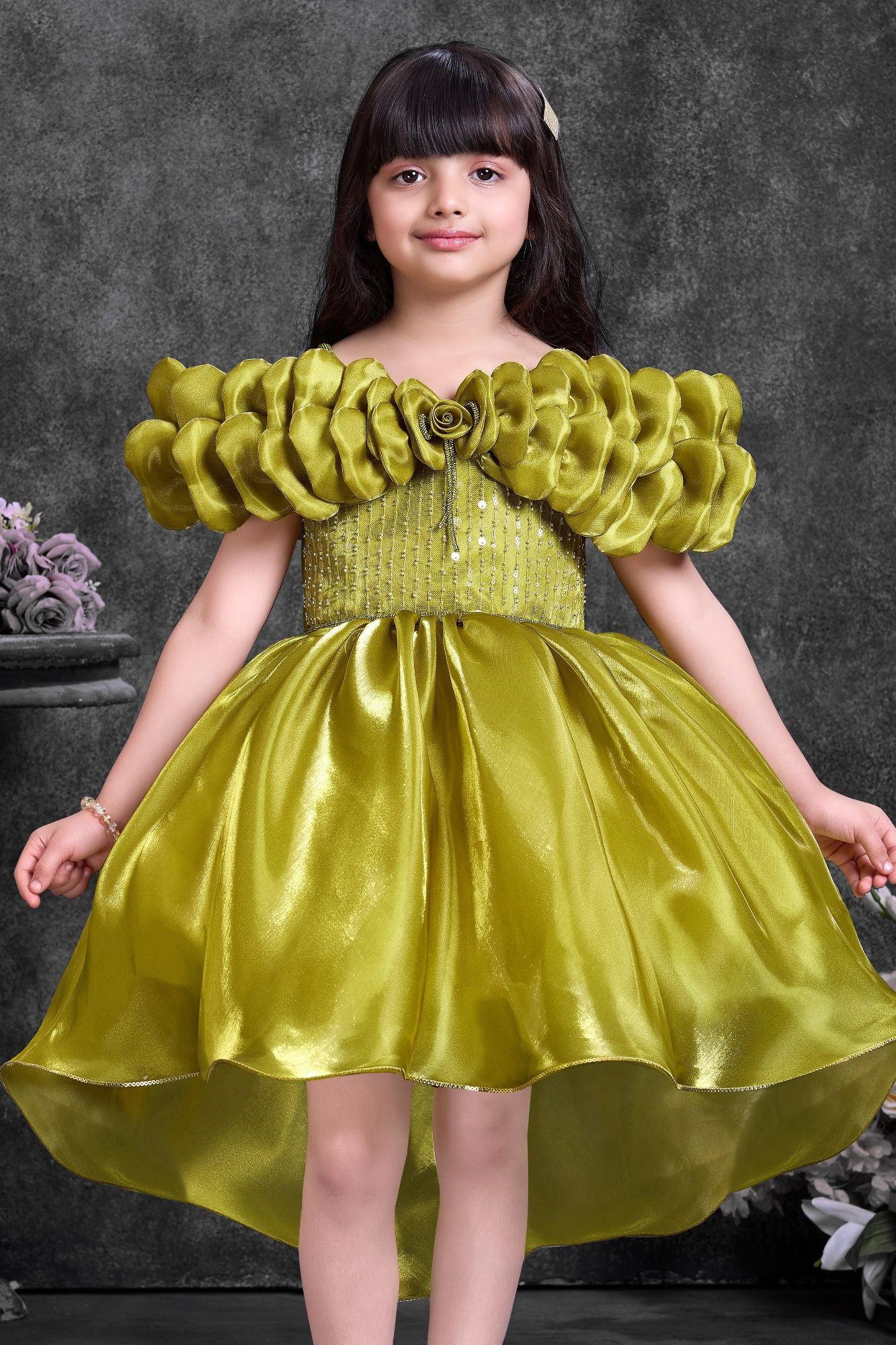 Olive Green High-Low Party Wear Frock with Ruffle Neckline For Girls