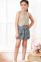 Fawn Top With Blue Printed Skirt Set For Girls