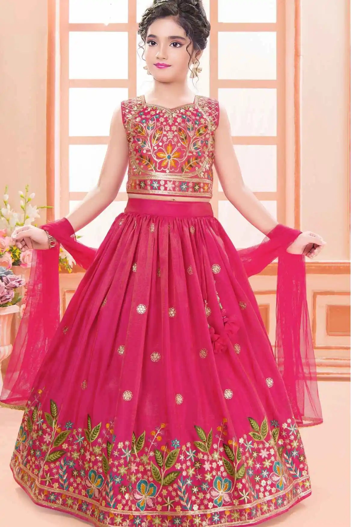 Rani Pink Multicolor Embroidered Lehenga Choli For Girls