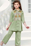 Soft Pista Green Embroidered Co-ord Set For Girls